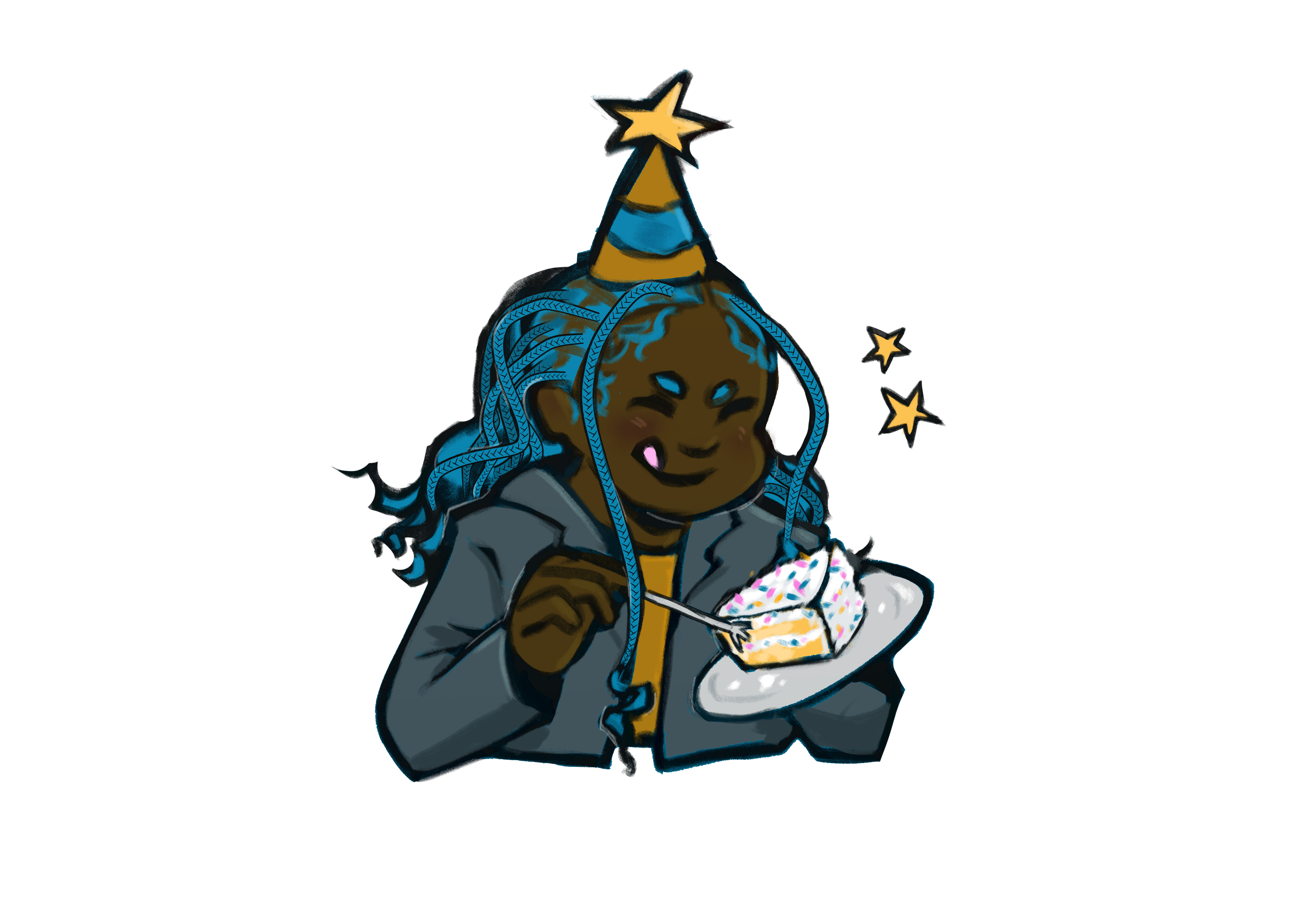 Doodle of a Black person with blue hair eating vanilla cake with sprinkles.