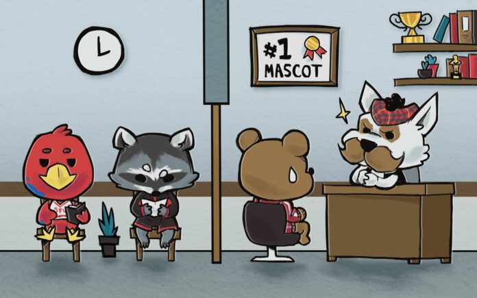 DenKinanti-MascotHunt McFogg in an office looking super serious. Outside there's a line of mascots waiting to be interviewed to be his replacement.