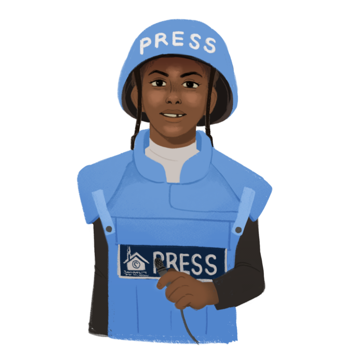 An illustration of Lama Jamous, a nine-year-old Palestinian journalist, in her press uniform featuring a protective hat and vest that says “press.”