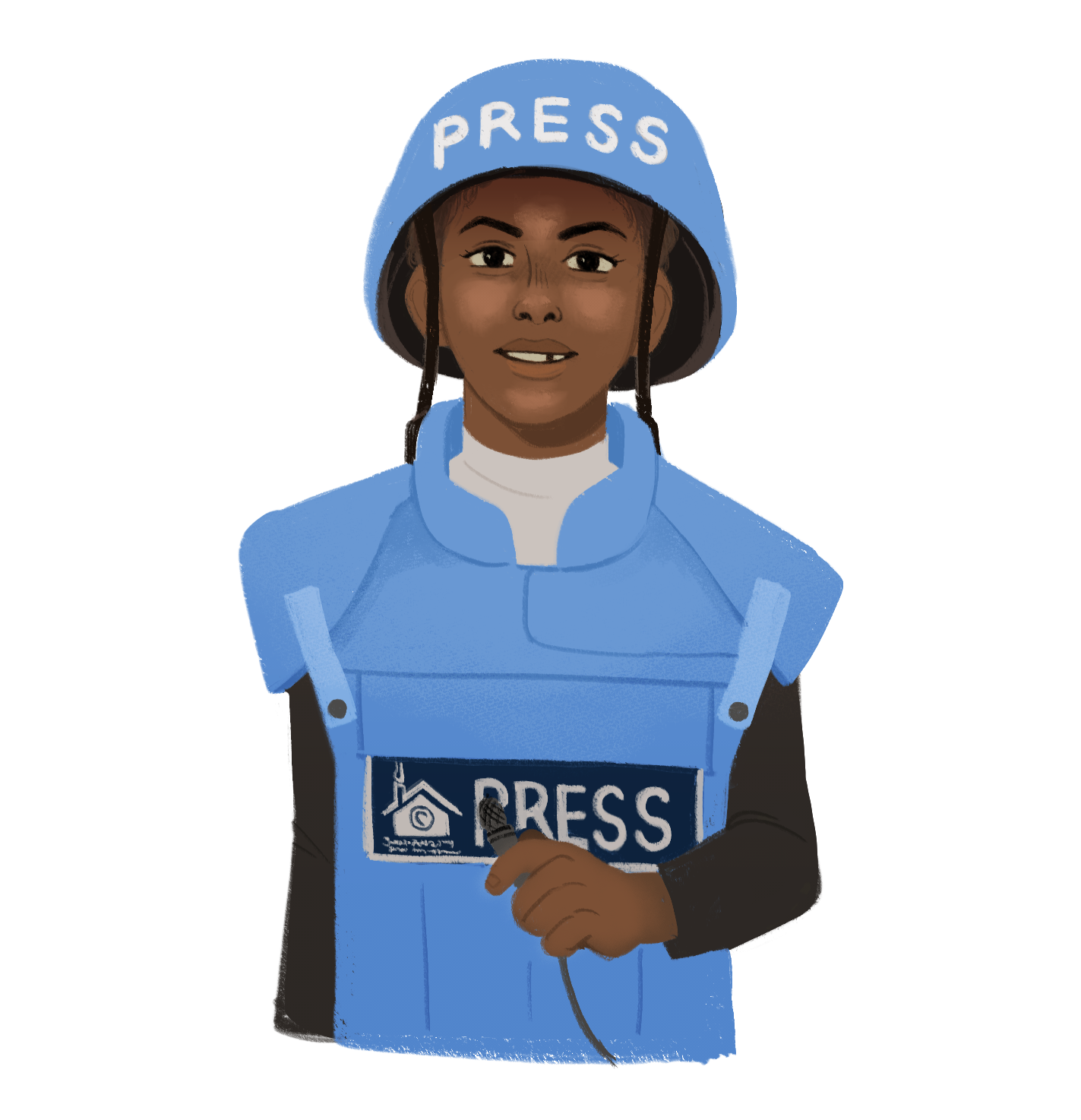 An illustration of Lama Jamous, a nine-year-old Palestinian journalist, in her press uniform featuring a protective hat and vest that says “press.”