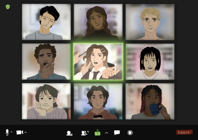 A bored team on Zoom, watching their boss get their hair done while staring blankly at the screen