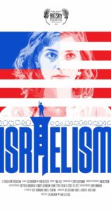 A photo of the Israelism film cover featuring Simone Zimmerman's face blended into blue and red stripes. The "l" in Israelism is a tower with an armed soldier on top.