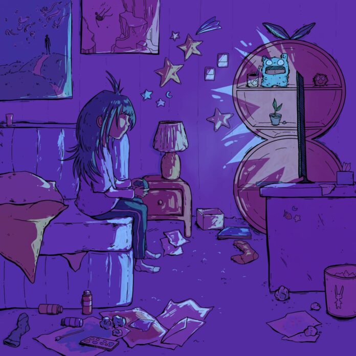SandraCao_VideoGamesThatHelpedMeCopeWithHealthAnxiety A moody illustration of person with long disheveled hair in a dark purple-lit bed room playing a game on a console, things sprawled on the floor and star-themed decor on the wall.