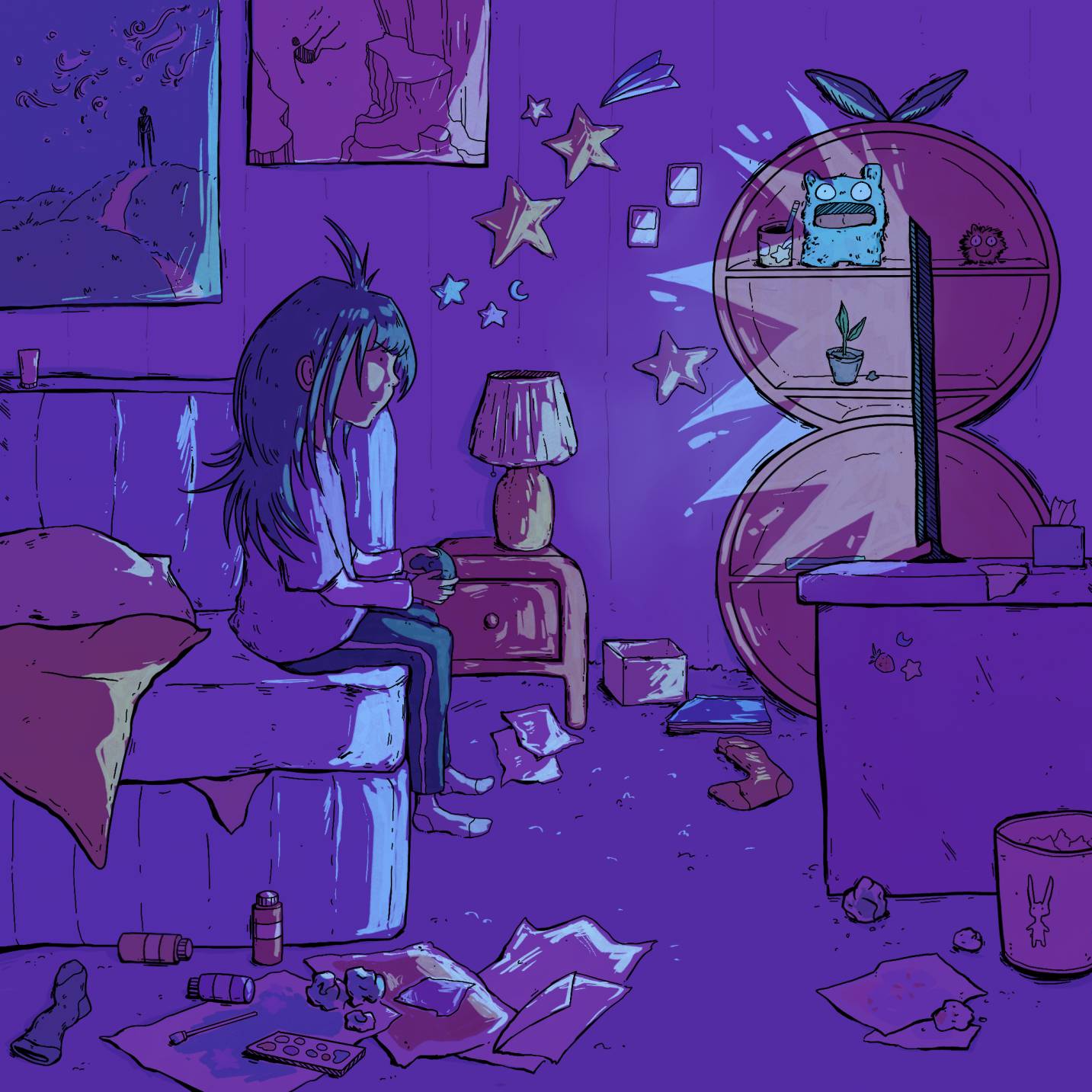 A moody illustration of person with long disheveled hair in a dark purple-lit bed room playing a game on a console, things sprawled on the floor and star-themed decor on the wall.