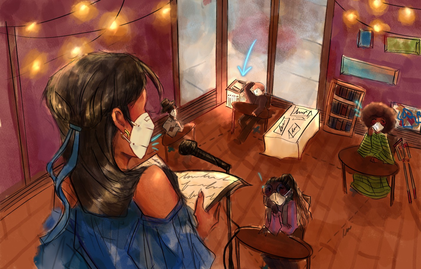 ILLUSTRATION of an intimate open mic event where people are wearing N-95 style masks covering their noses. Someone is speaking into a microphone and people are socially distanced from each other and having a good time. There is an air purifier in the background.