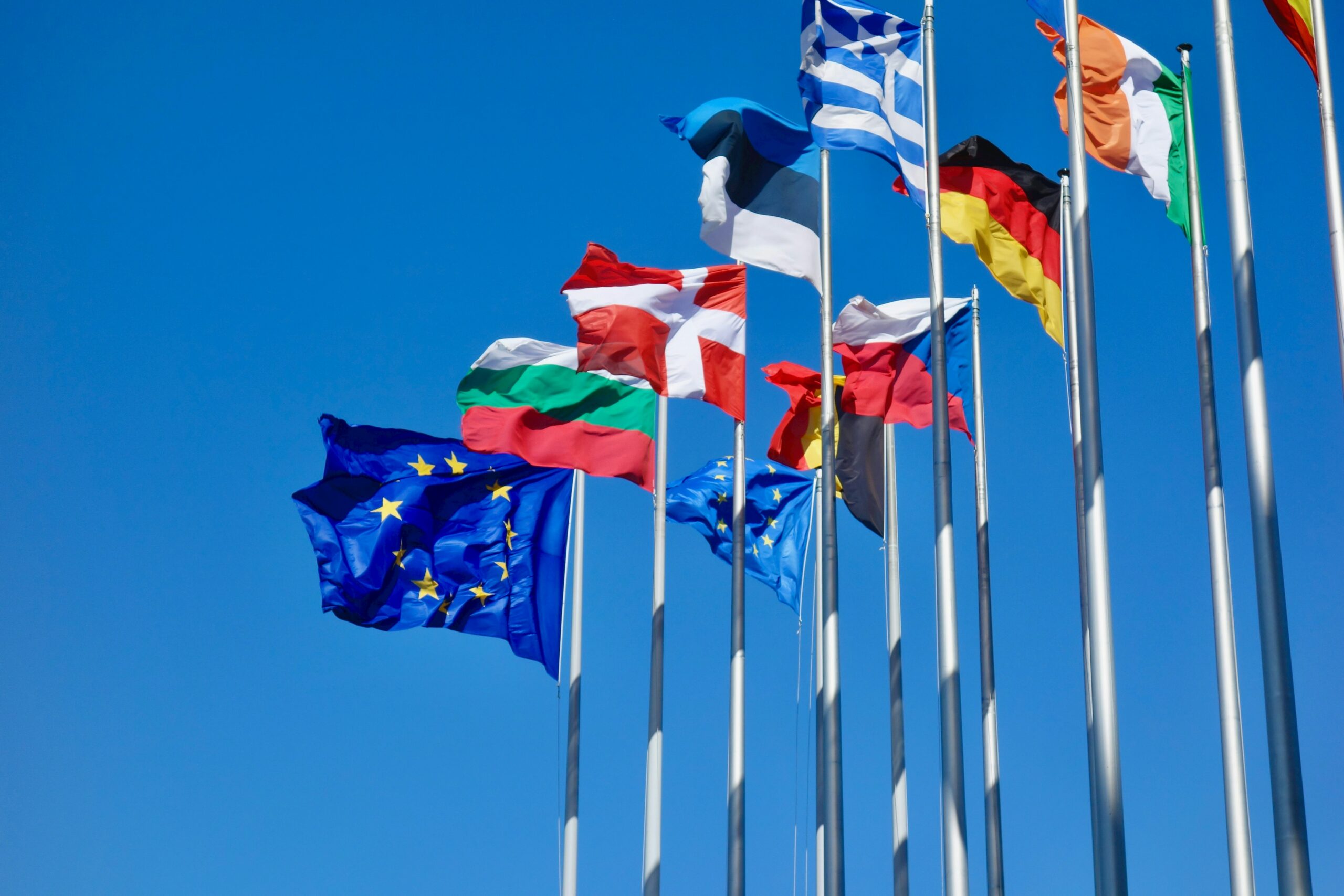 This is a photo of numerous European flags on flagpoles outside.