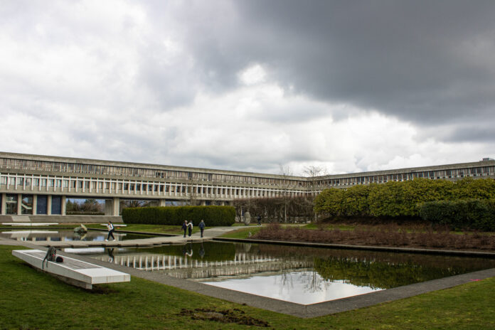 This is a photo of the Academic Quadrangle on the SFU burnaby campus.