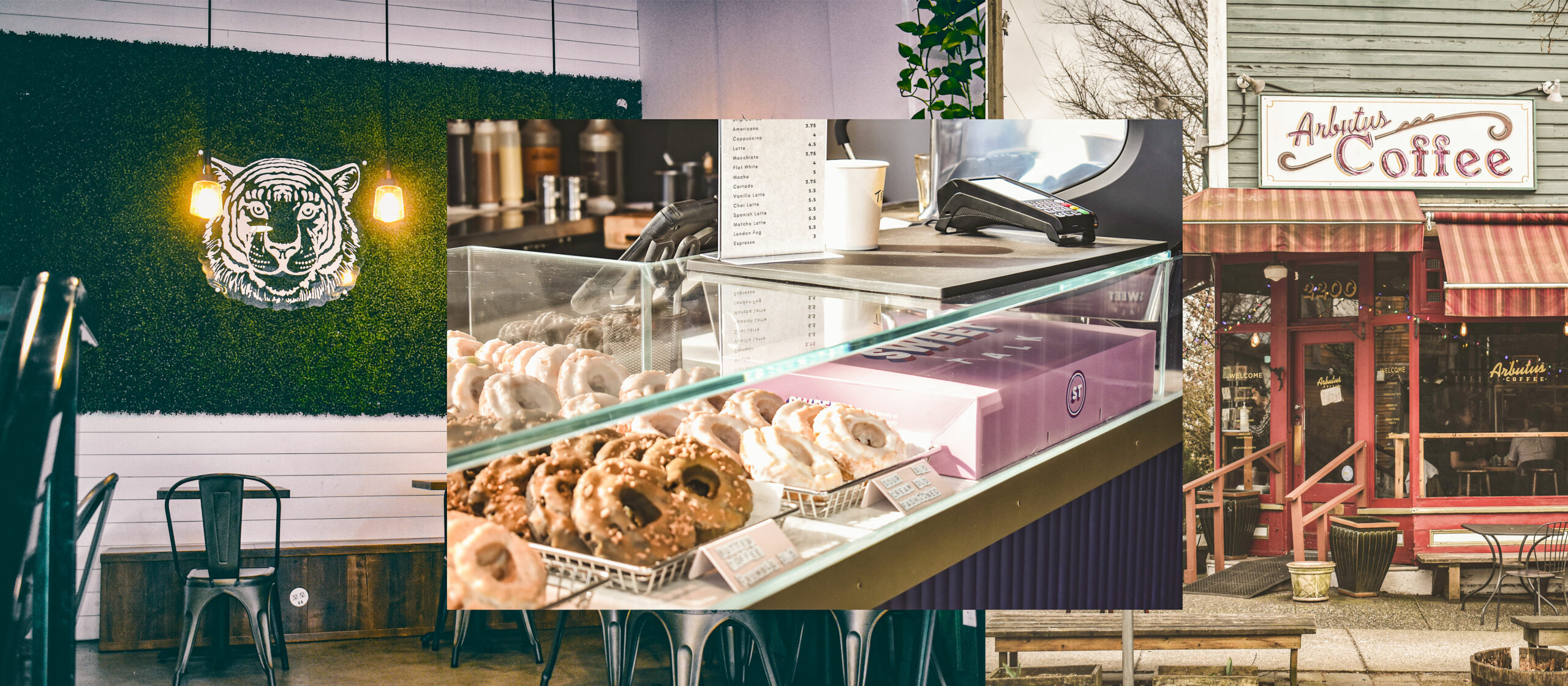 A collage of photos from some of the cafes and bakeries mentioned in this piece, including sugar-coated donuts on display and a wall in a cafe with fake grass lining it and a drawing on a tiger.