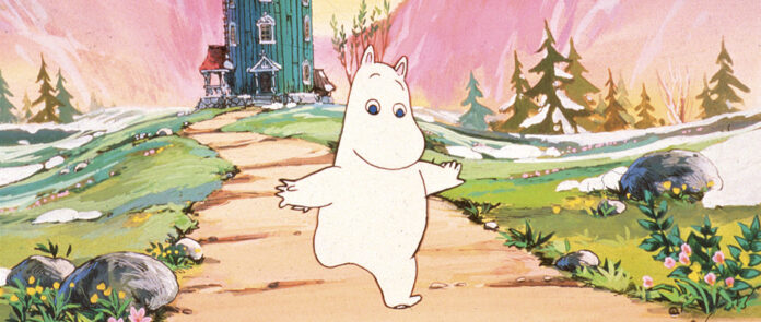 Moomin walking through flowers