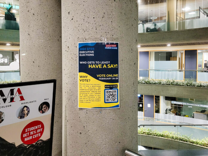 This is a photo of a poster hung up on the wall. The headline of the poster reads “2024 S.F.S.S. elections” and contains more information on voting details.