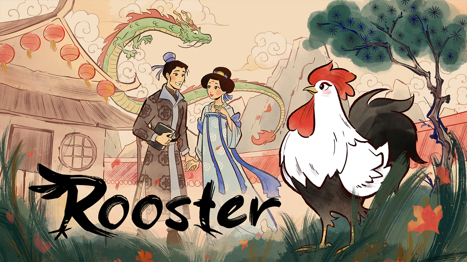 A rooster, a man and woman dressed in traditional Chinese clothing, and a dragon all drawn in brushstrokes. They are surrounded by a pagoda strung up with lanterns, a gray mountain, and wispy clouds.