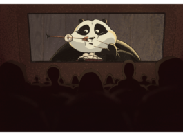silhouette of people watching Kung Fu Panda on a movie theatre screen