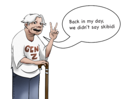 Elderly person with a middle part and a T-shirt that reads “Gen Z.” There’s a text bubble that reads “Back in my day, we didn’t say skibidi.”