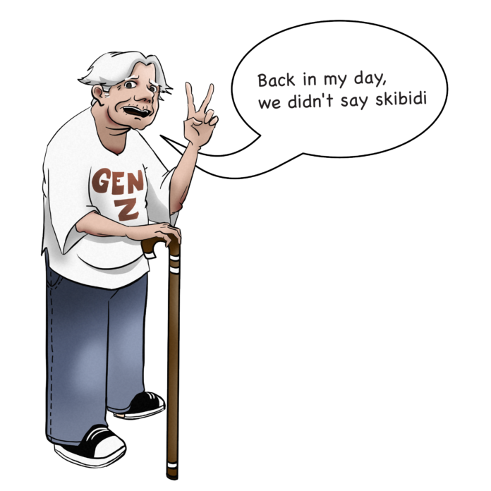 Elderly person with a middle part and a T-shirt that reads “Gen Z.” There’s a text bubble that reads “Back in my day, we didn’t say skibidi.”
