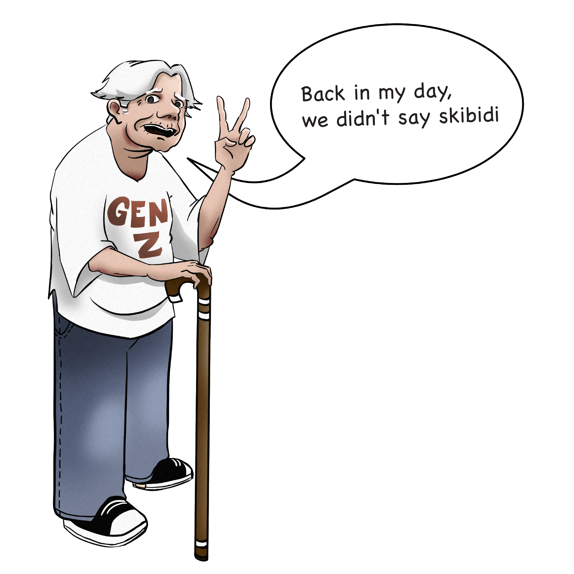 Elderly person with a middle part and a T-shirt that reads “Gen Z.” There’s a text bubble that reads “Back in my day, we didn’t say skibidi.”