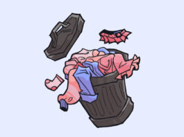 illustration of a trash bin with clothes in it