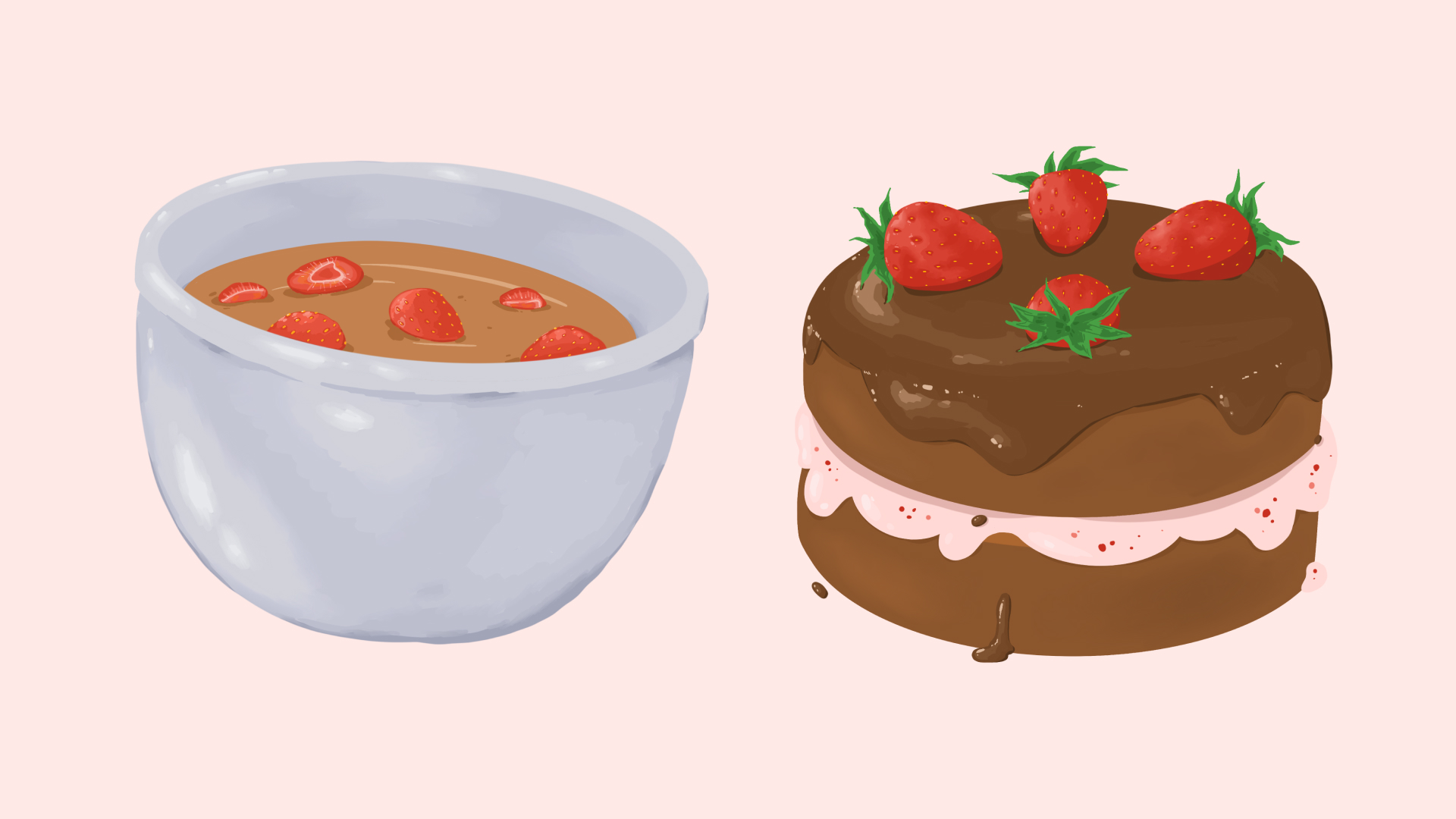 different stages of a cake with strawberries in it being baked (bowl of batter, in the oven, baked and decorated, etc.)