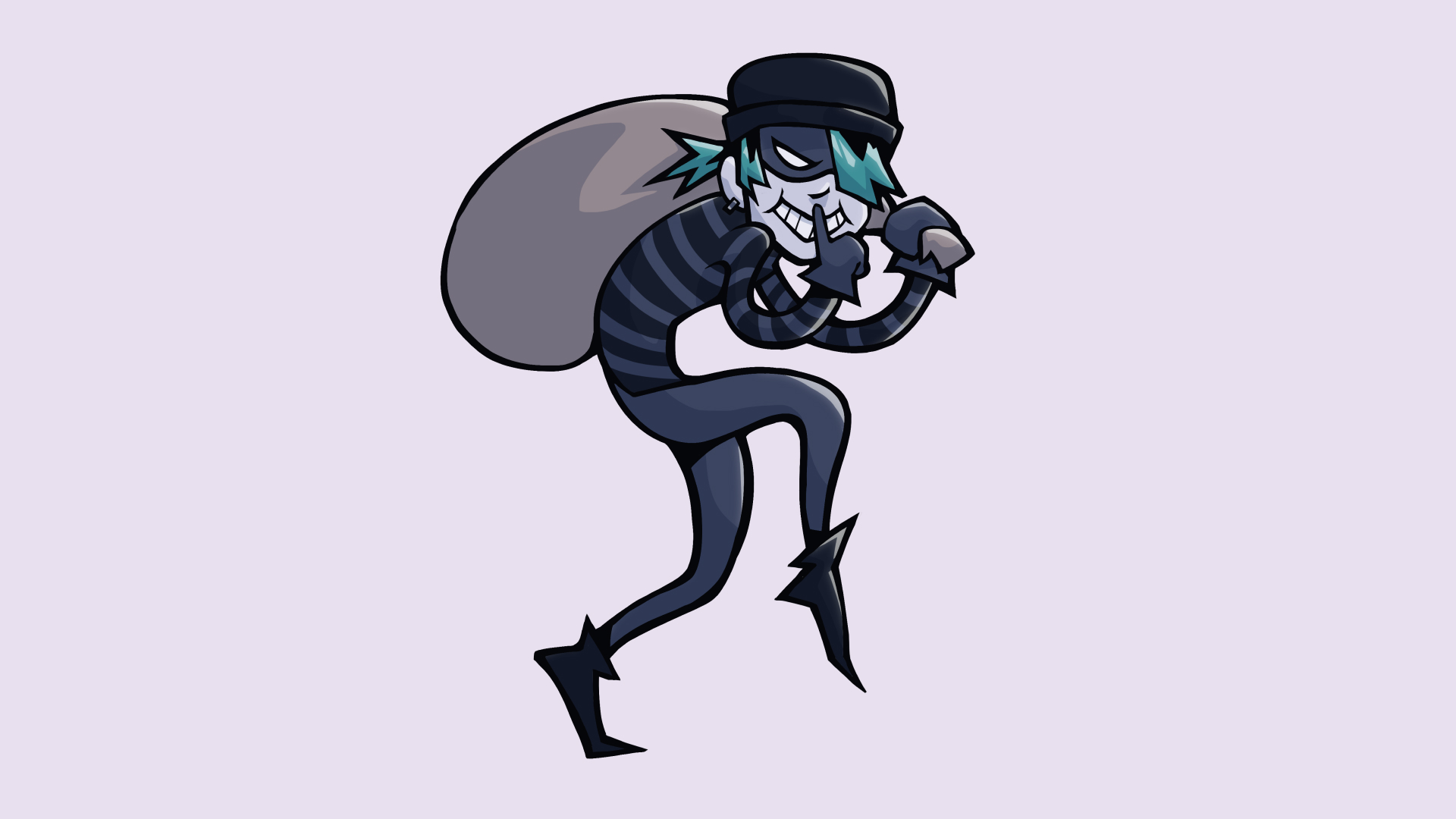 Caricature of a burglar wearing a black mask, a striped shirt, and holding a bag. They are gesturing to be quiet by putting their index finger in front of their mouth.