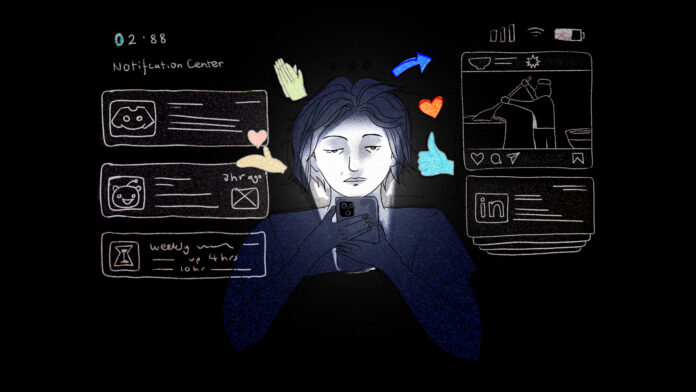 Web Social Media Illustration. Someone using their smartphone against a black background. The phone light illuminates their face, which displays an exhausted expression. Surrounding them are illustrative emojis and notifications.