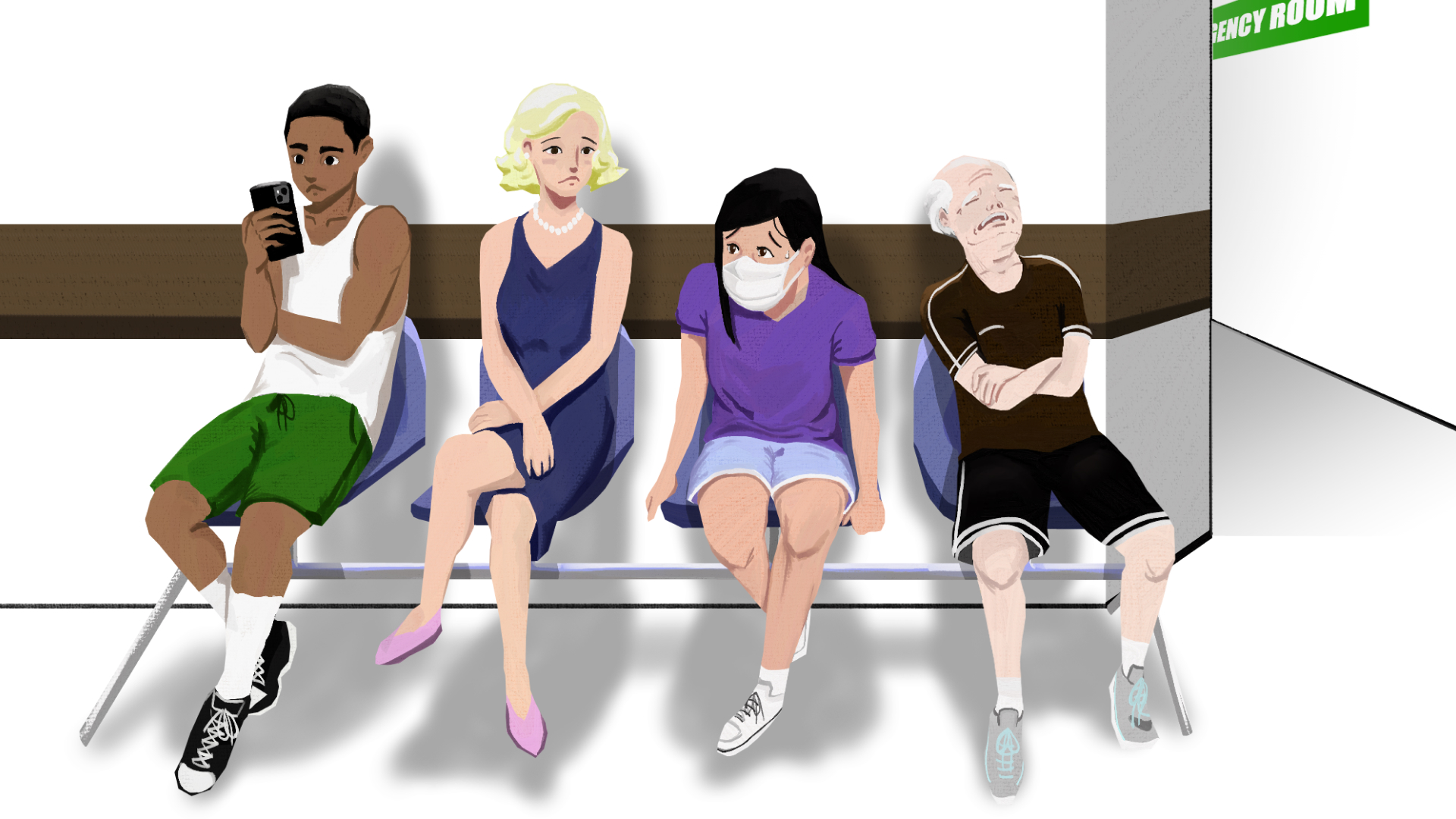 Illustrated hospital waiting room. Sitting on a bench are four patients, only one of them wearing a mask while displaying a concerned facial expression and body language.