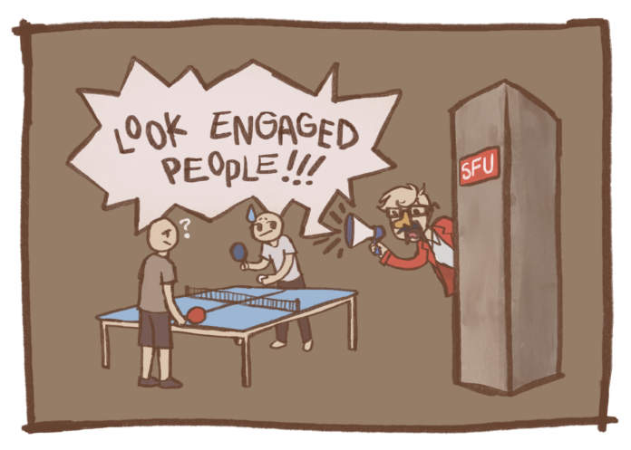 AngelinaTran-APaidExtraAtSFU People playing table tennis in the convocation mall, sweating nervously. Joy Johnson is hiding behind a concrete pillar to the right, holding a megaphone and saying, “Look engaged people!”