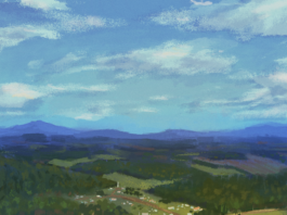 An illustration of a landscape of blueberry rivers first nations territory, with a large green field, mountains, and a small village.