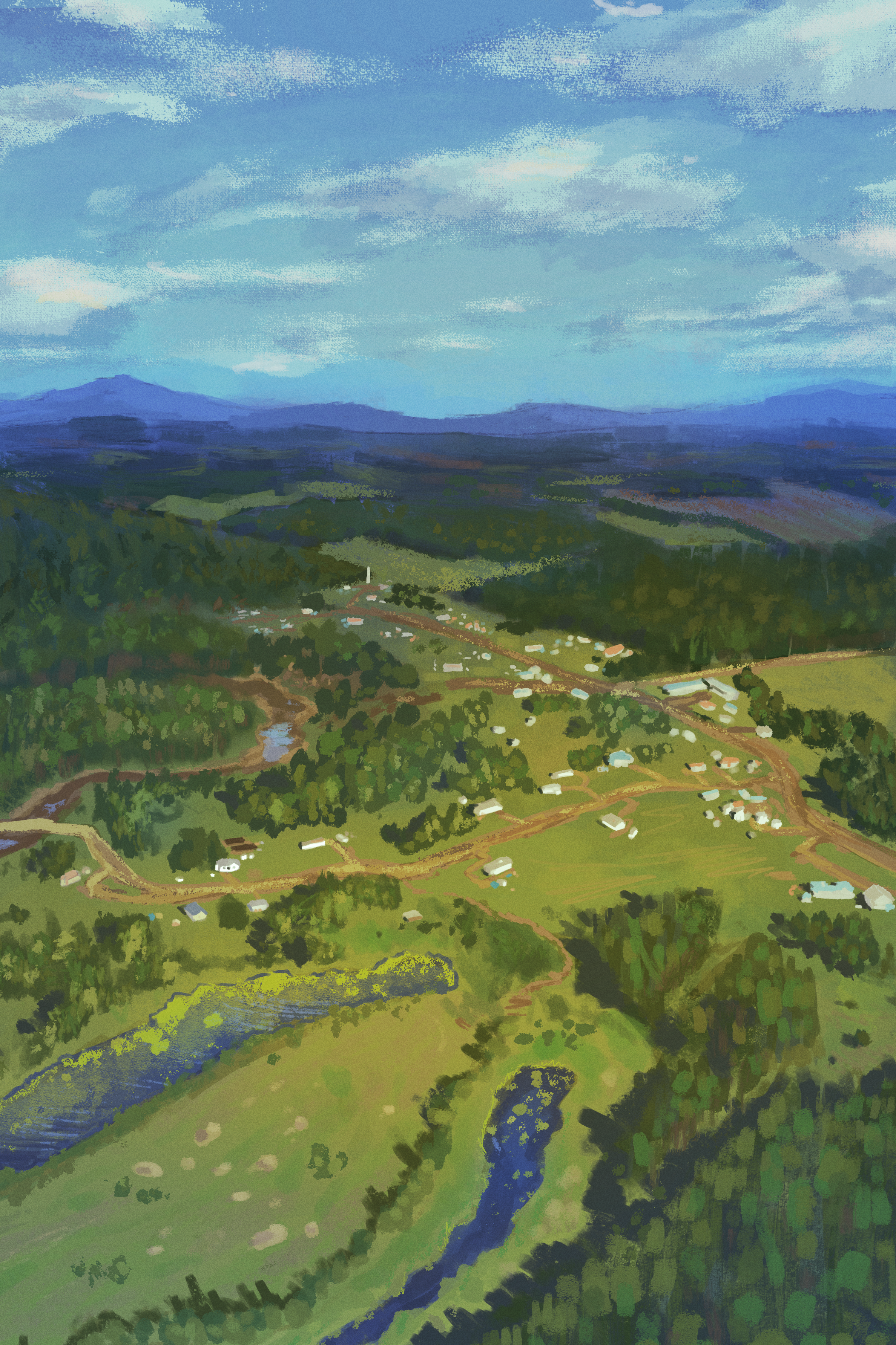 An illustration of a landscape of blueberry rivers first nations territory, with a large green field, mountains, and a small village.