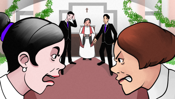 CliffEbora-BoyMoms copy Two grooms at the altar getting married. They look stressed because both their moms are yelling at each other.