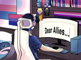 Queer person in a room surrounded by different Pride flags and Pride merch. They are typing on a screen that reads “Dear allies . . .”