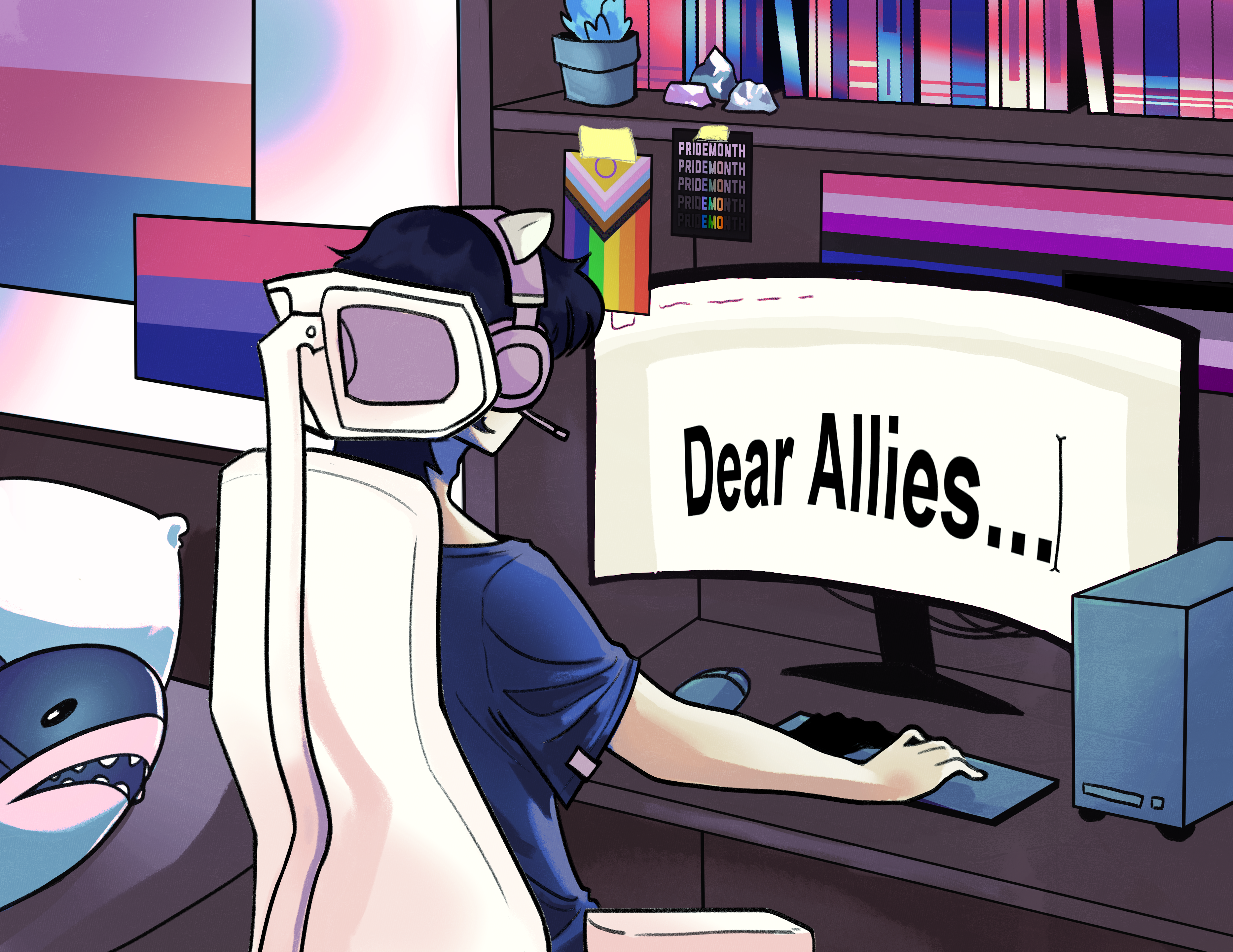 Queer person in a room surrounded by different Pride flags and Pride merch. They are typing on a screen that reads “Dear allies . . .”