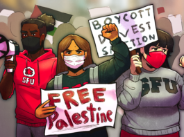 Illustration of A group of people holding signs saying “Boycott, Divest, Sanctions” and “Free Palestine”