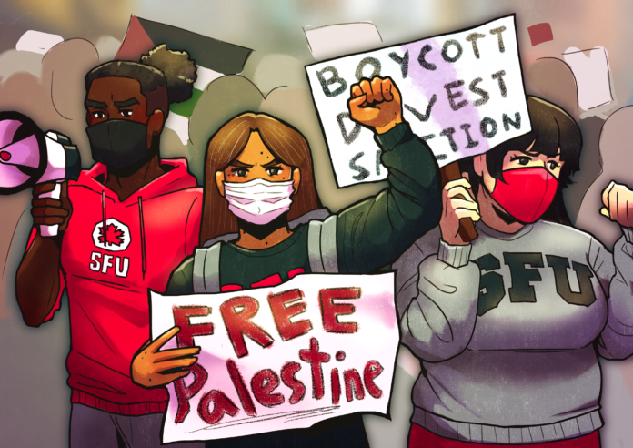 Den Kinanti - The right to protest our university's decisions (1) Illustration of A group of people holding signs saying “Boycott, Divest, Sanctions” and “Free Palestine”