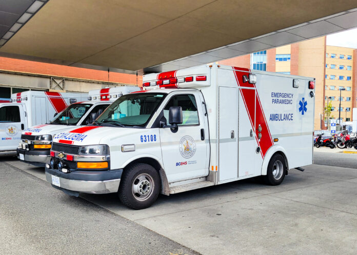 ambulance-services a row of three ambulances parked outside a hospital