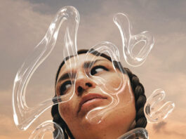 Elisapie: a freckled woman with black braids that wrap together at the base of her neck. Bubble-like letters surround her and sweep over her face.