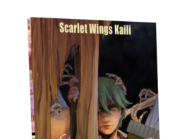 The cover of the book featuring an individual with short green hair. Bony fingers feel around their body and face as they peer through a panel of wood with a hole ripped in it.
