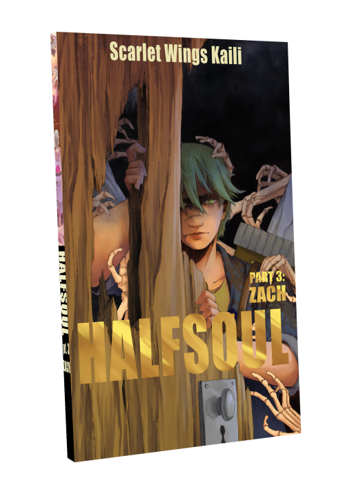The cover of the book featuring an individual with short green hair. Bony fingers feel around their body and face as they peer through a panel of wood with a hole ripped in it.