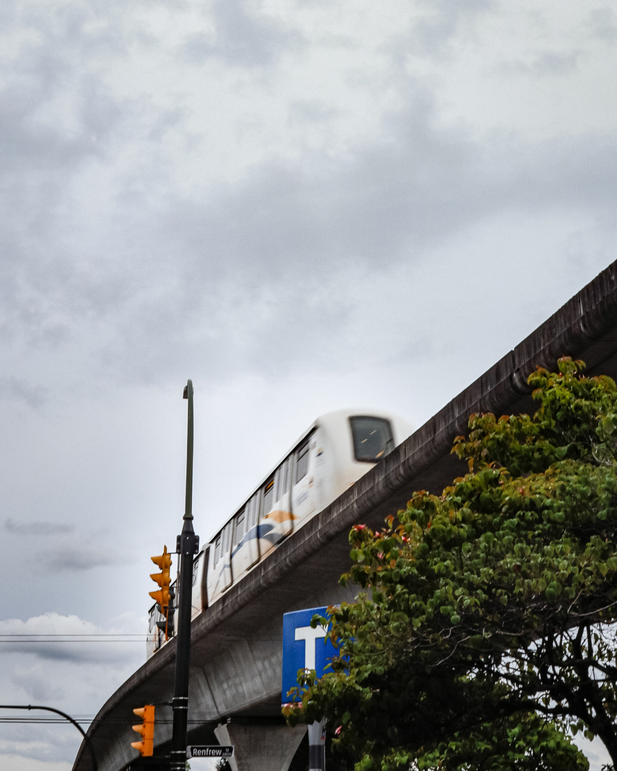 SkyTrain as seen from below on a cloudy day.