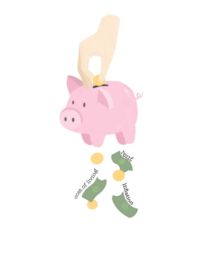 victorialo-minimum wage.png A hand putting money into a piggy bank but it's falling out the bottom surrounded by the words “cost of living,” “inflation,” and “rent.”