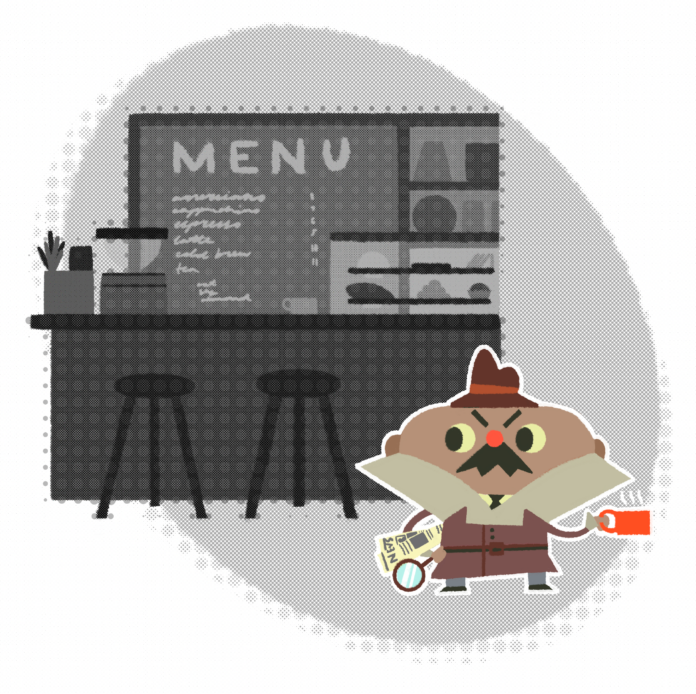 A person dressed like a detective in a coffee shop.