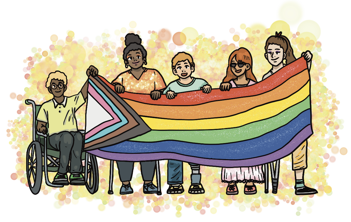 A group of five diverse individuals, one using a wheelchair and one using crutches, holding up a pride flag.