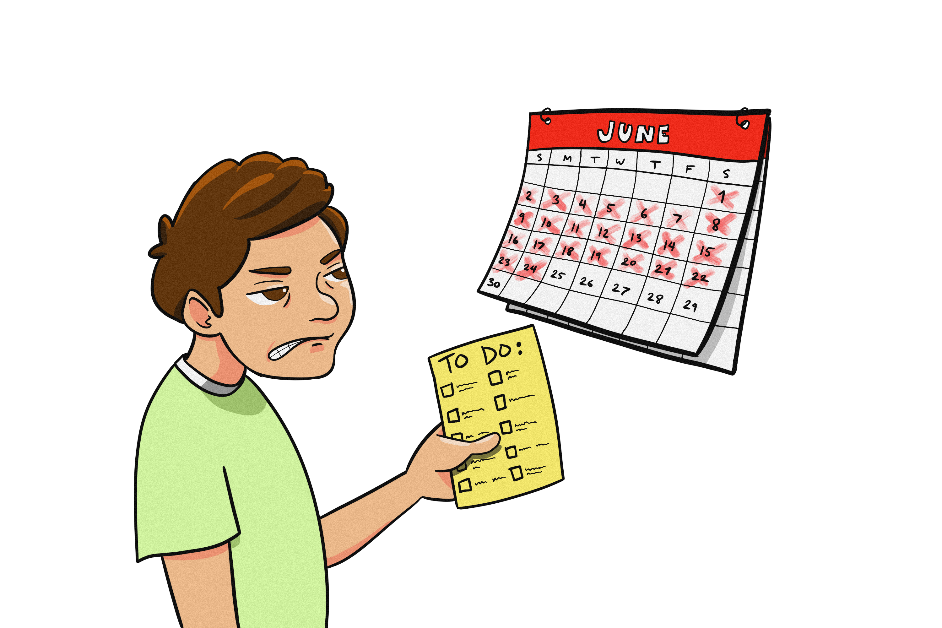 Illustration of someone looking frustratedly at a calendar with all the days crossed off. They are holding a full to-do list.