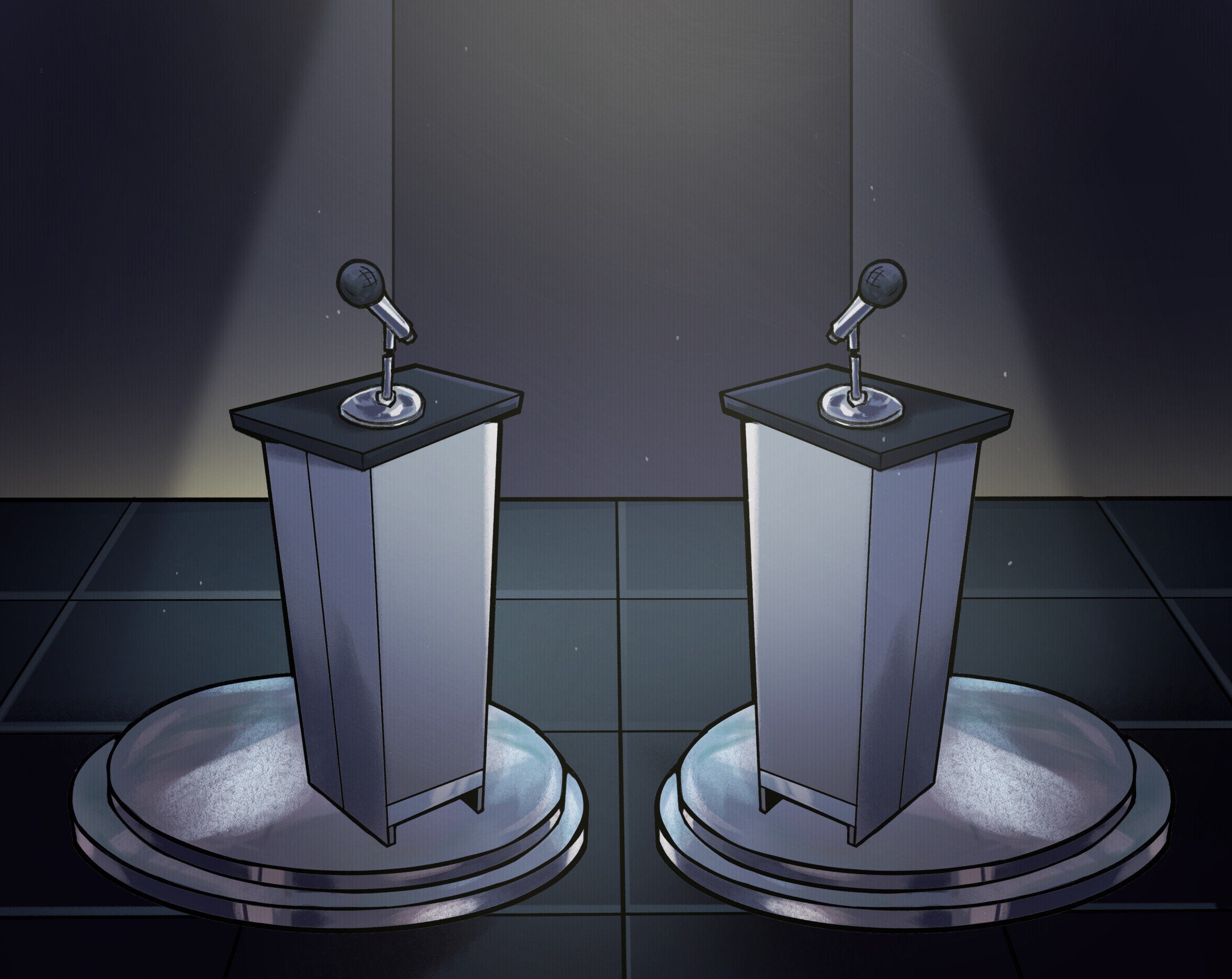 An illustration of two podiums arranged in front of one another.