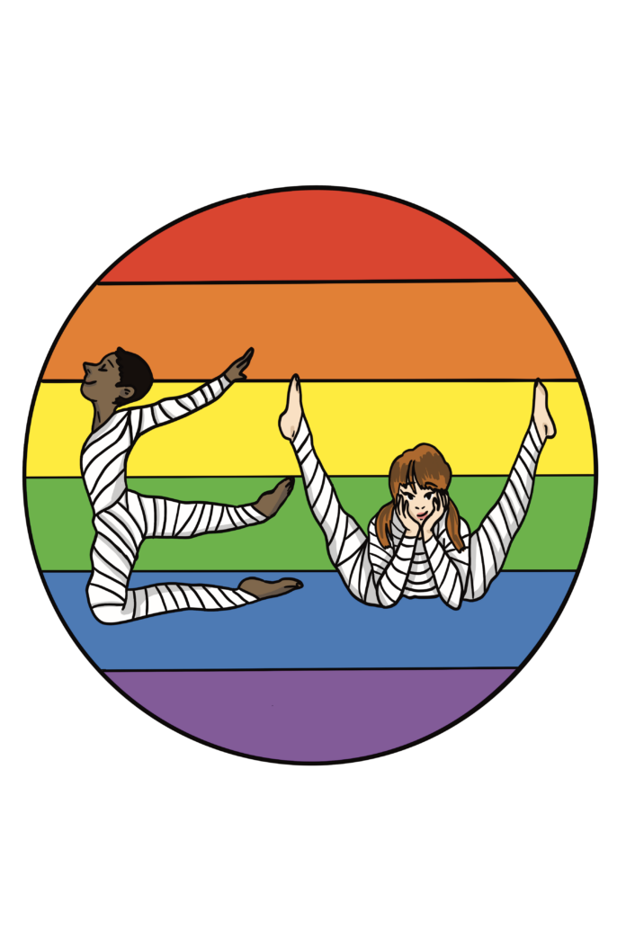 3. Two people wrapped in all-white toilet paper. The first one is using their body to shape the letter "E" and the other is using theirs to shape the letter "W". They are standing in front of a rainbow background.