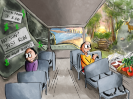 An illustration of a bus with two people looking outside the window.