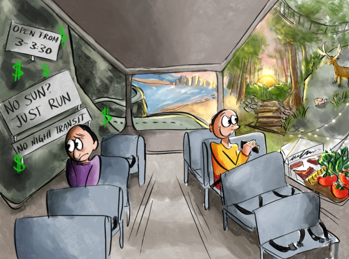 An illustration of a bus with two people looking outside the window.