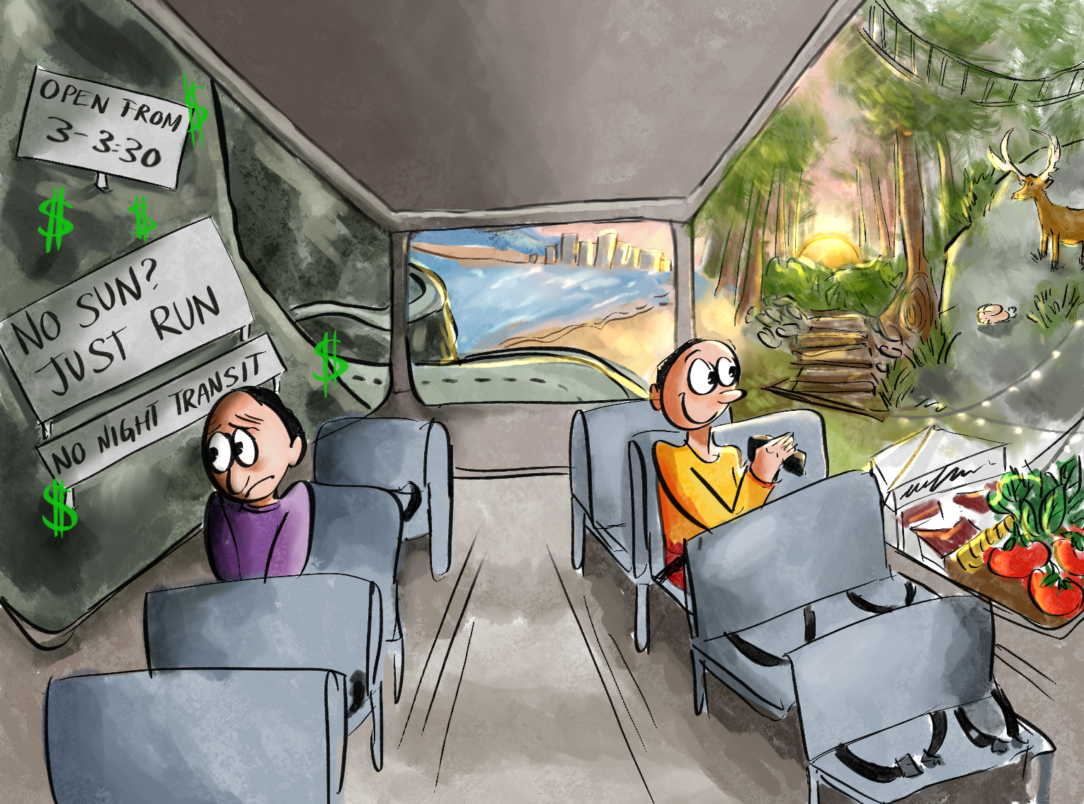 An illustration of a bus with two people looking outside the window.