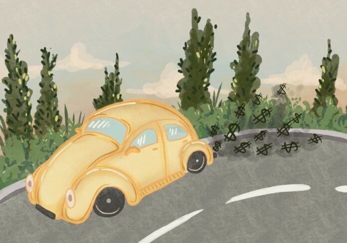 A yellow car driving down a winding road with dollar signs coming out the exhaust pipe.