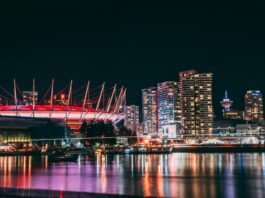 BC place as seen from across False Creek at night