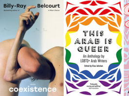 A collage of each book cover. From left to right: it was never going to be okay has an orange cover decorated with pink and dark-green outlines of flowers. Coexistence has two arms joined together against a white-ish blue background. This Arab is Queer has the title centered and surrounded in a floral-like pattern with the colours of the rainbow. Our Work Is Everywhere shows two drawn individuals yelling into megaphones that emit smog.