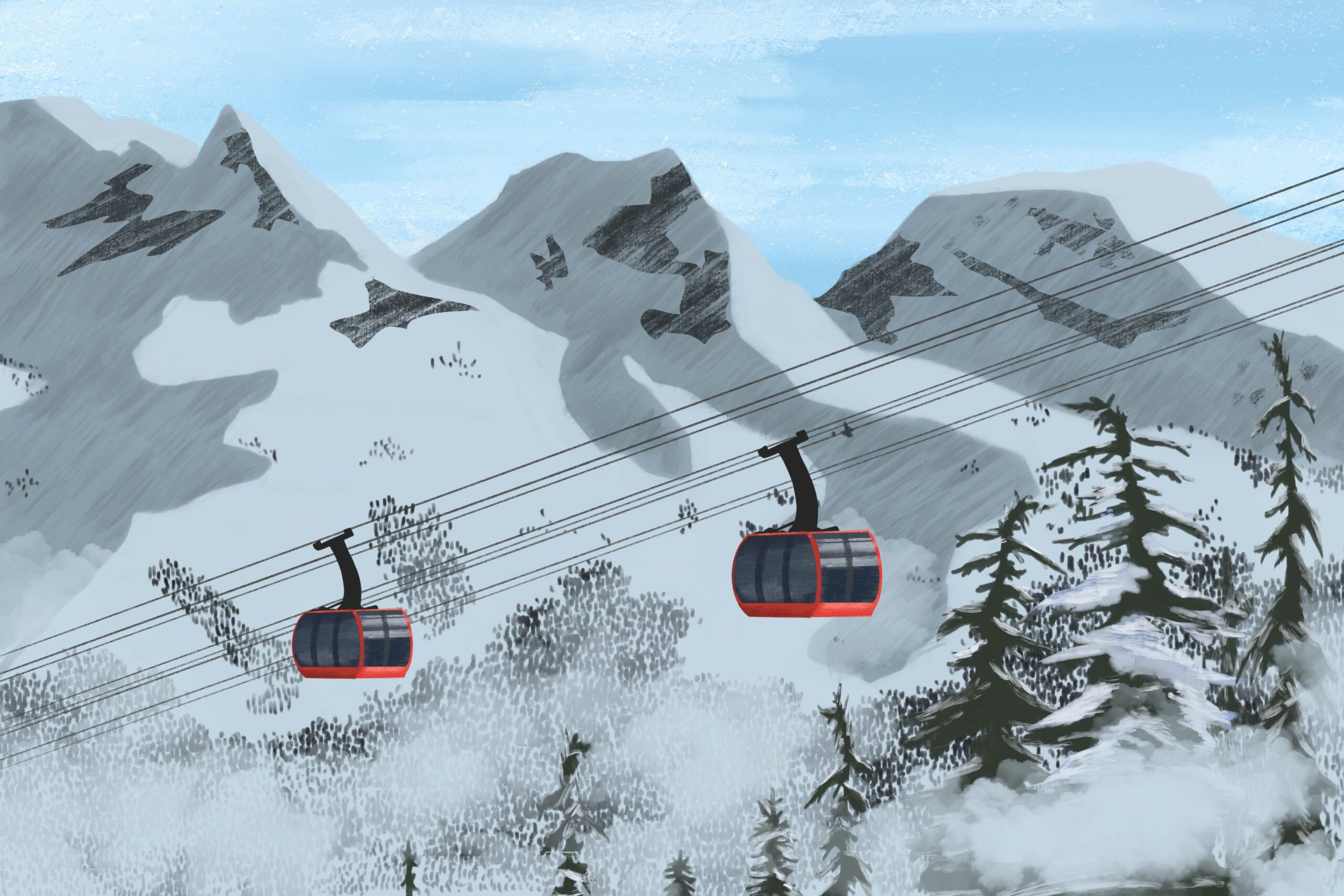 Illustration of Gondola cars going up cables with snowy mountains in the background.